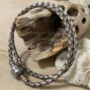 Pandora Double Silver Braided Leather Bracelet